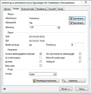 4 Kom igång med Powerproject Dialogen Allokering av permanent resurs Egenskaper för Träarbetare (Yrkesarbetare) visas. Information / egenskaper som kan anpassas nås via flikarna: Allmänt objekttypen.