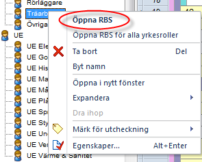 5 Lär dig mer om Powerproject RBS (Resource Breakdown Structure) Om du vill visa alla allokeringar av en specifik resurs, dubbelklicka på resursen och välj Öppna RBS).