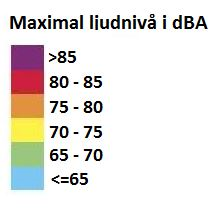 Färgskalan är relaterad till riktvärdet för trafikbuller vid gemensam uteplats så att gränsen mellan grönt och gult motsvarar riktvärdet om 50 dba dygnsekvivalent och 70 dba maximal ljudnivå.