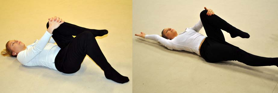 Steg 4.1 - Koordination och belastning: 1. Ligg på rygg med benen böjda och fötterna i marken. Håll armarna upp mot taket 2.