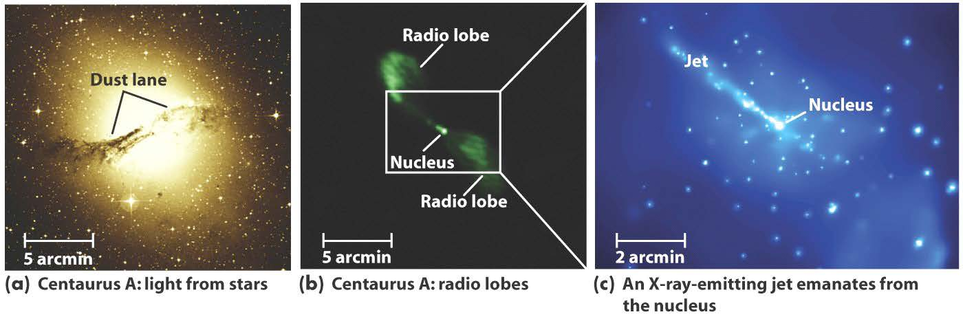 Radiolober: Typiskt 5-10 ggr så stora som en moder -galax Exempel: Radiogalaxen Centaurus A, 13 miljoner ljusår bort. Fig a) Ett band av stoft skapad av en tidigare kollision med en annan galax.