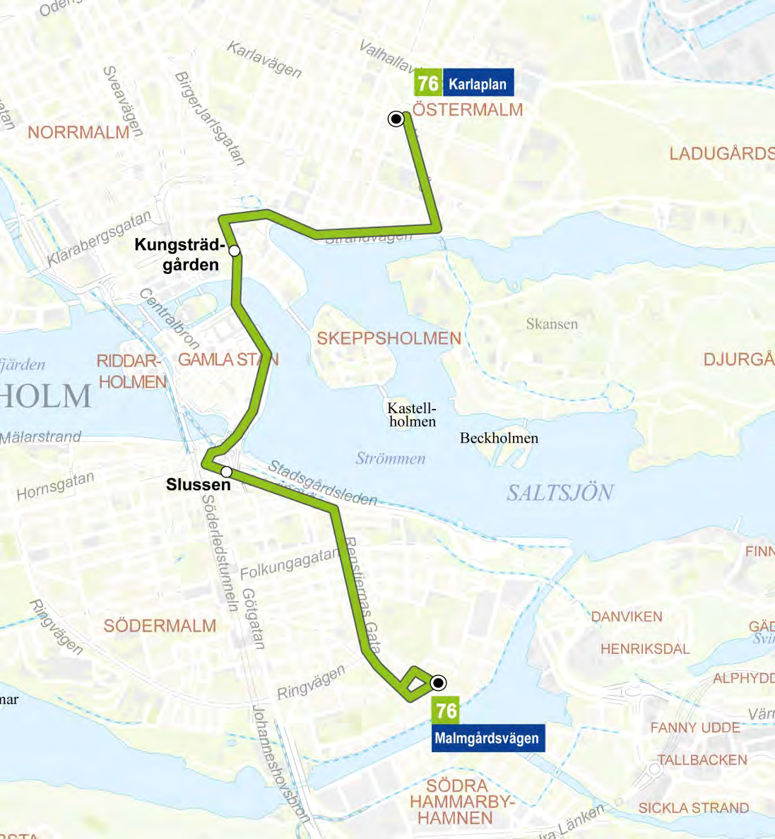 Linje 76: Norra Hammarbyhamnen - Ropsten/Karlaplan Linjesträckning Linje 76 behåller samma linjesträckning som idag.