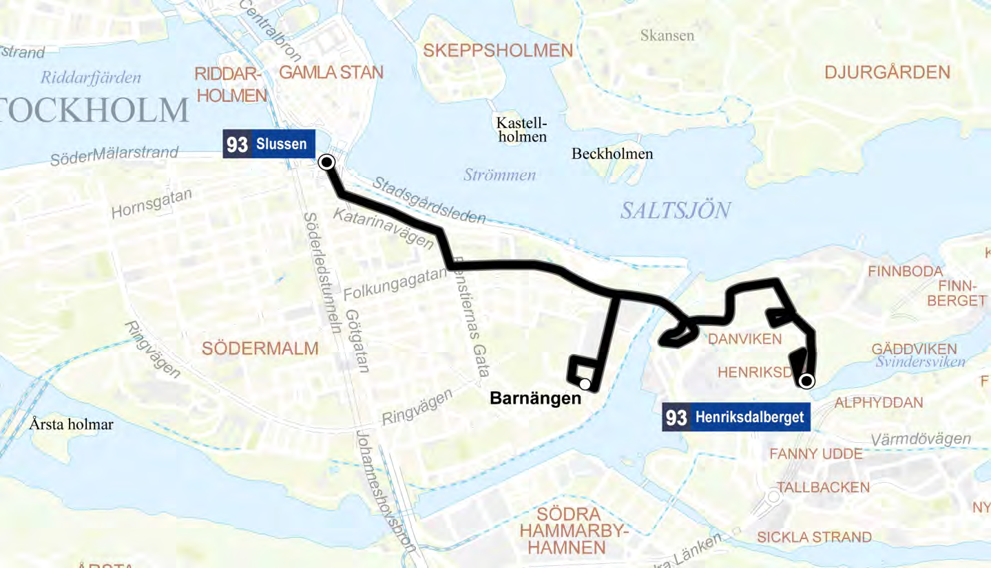 Linje 93: Finnberget - Slussen Linjesträckning En ny nattlinje som trafikerar sträckan mellan Finnberget och Slussen.