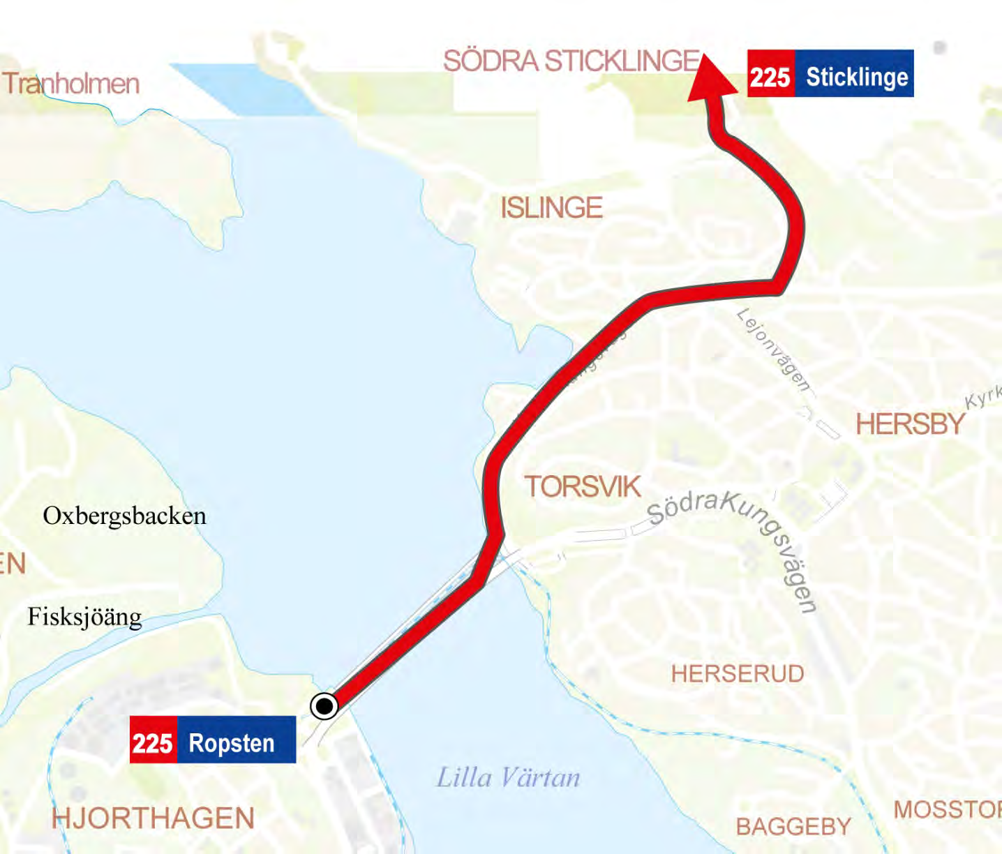 Linje 225: Ropsten - Sticklinge Linjesträckning Ingen förändring, samma linjesträckning som idag. Turtäthet Trafikeras utefter behov.