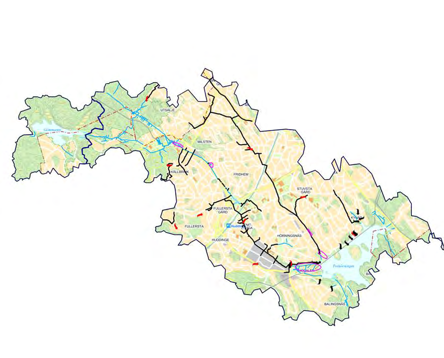 Figur 1. Trehörningens avrinningsområde Nuvarande fosforhalt i sjön var 111 µg/l som treårsmedelvärde i augusti 2014.