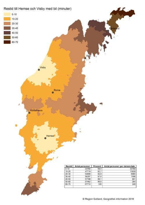 4.1.4 Till och från Visby och Hemse Ett annat sätt att se på tillgänglighet är att dela in Gotland i norr och söder. De två tätorterna blir då Visby på norr och Hemse i söder.