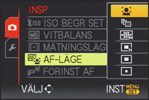 5 Tryck på 3/4 för att välja [AF-LÄGE]. Välj alternativ längst ner på skärmen och tryck på 4 för att flytta till nästa fönster på skärmen.
