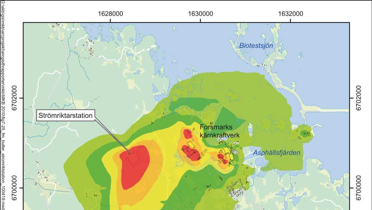 30(54) Figur 6-12. Beräknad ekvivalent ljudnivå i området runt Forsmarks industriområde under nattperioden.