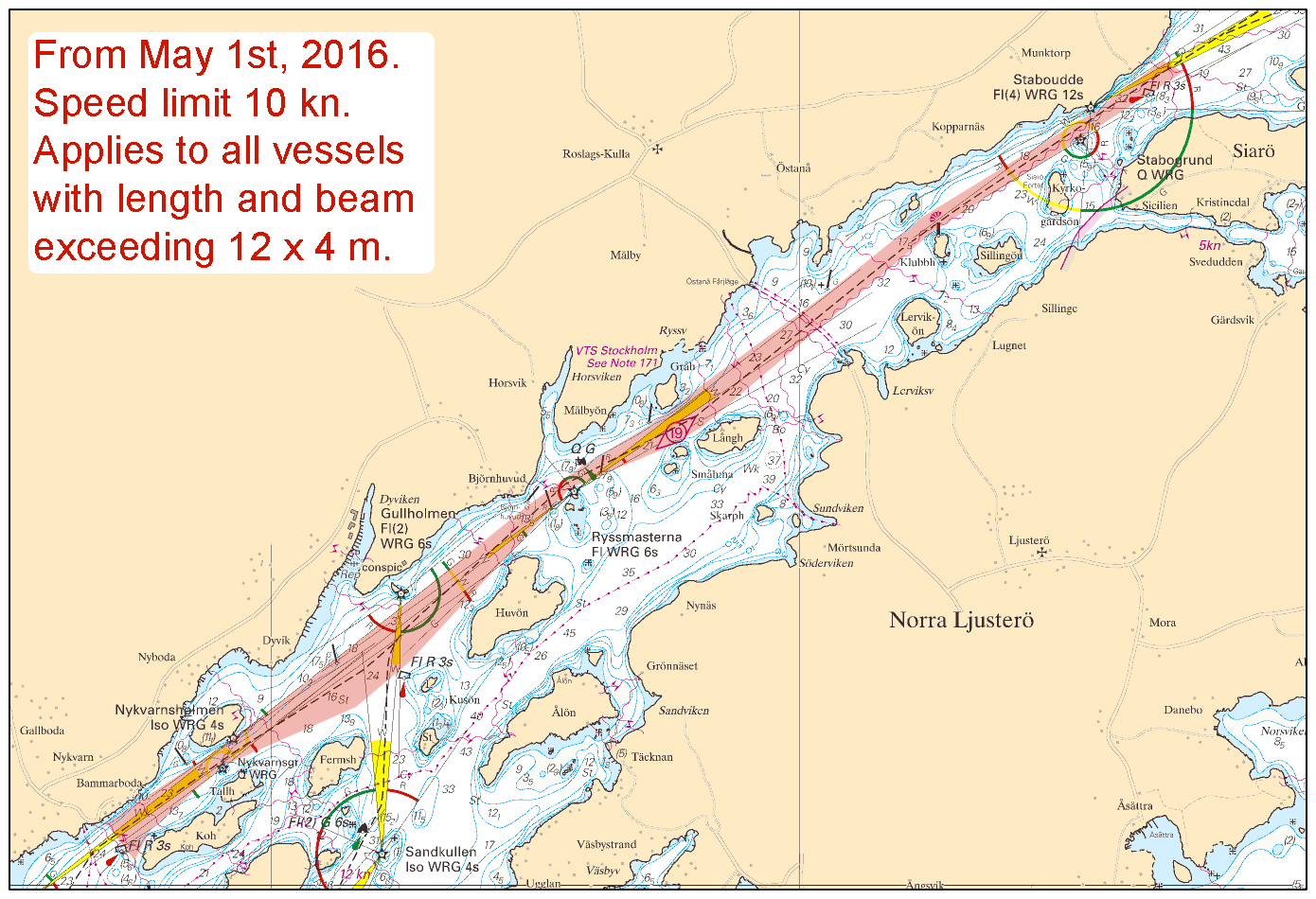 Notiser som utgår: 2015:544/10332(T) Fartbegränsning till 10 knop gäller för skepp på sträckan mellan tvärs Koholmens S udde och en linje tvärs farleden 0,4 M NO