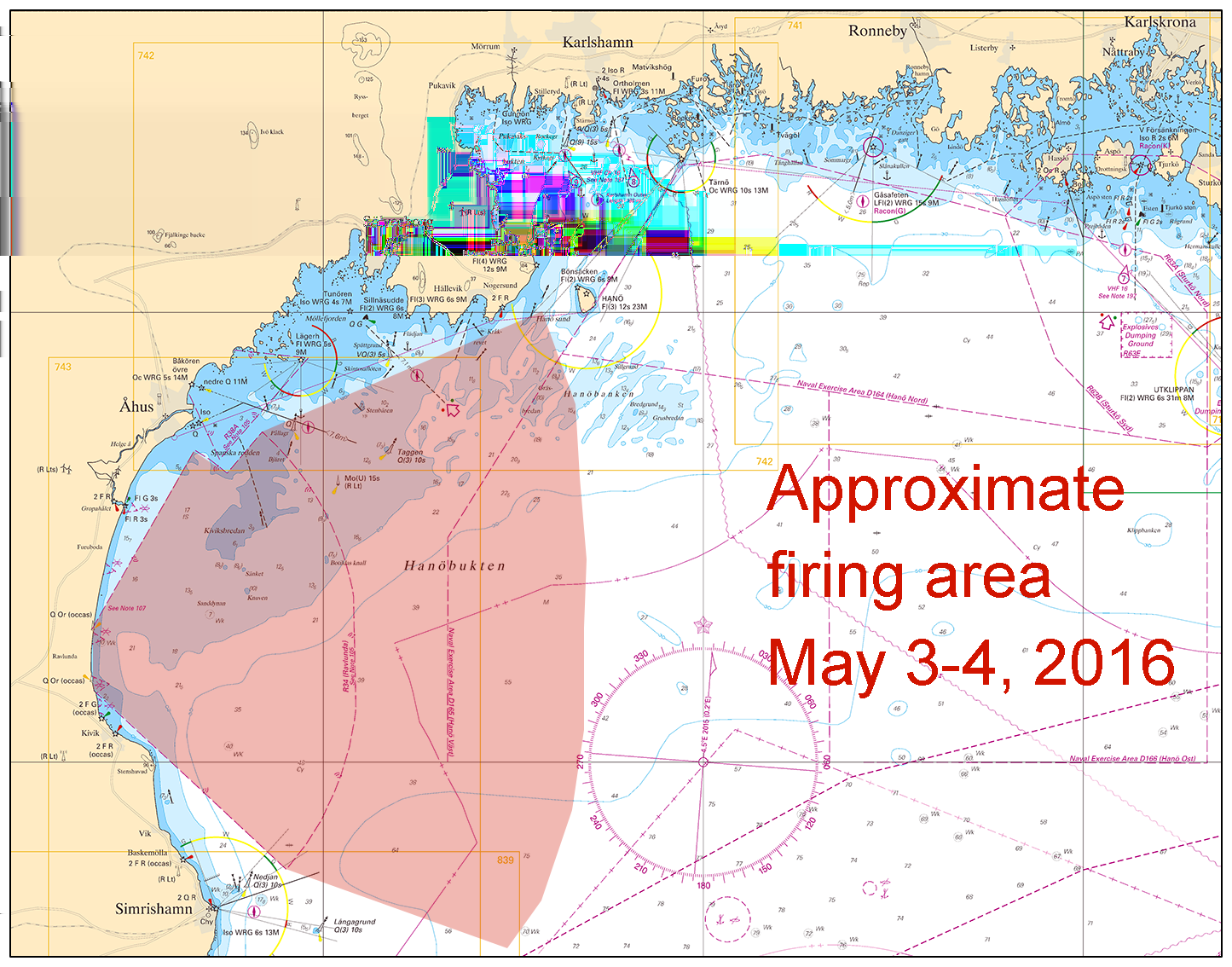 2016-04-28 13 Nr 596 Position: Ca 55-46N 014-20E Restriktionsområde R34 RAVLUNDA OBS! 2-4 maj pågår skjutningar utanför det i sjökortet markerade skjutområdet!
