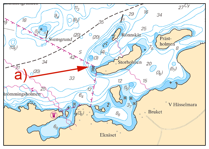 Ändra 3 m djupkurva enligt bild. a) 59-05,22N 018-23,56E Ändra 3 m djupkurva enligt bild.