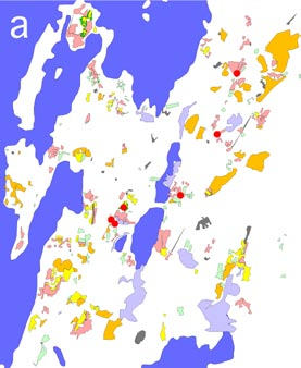 Number of individuals according to the highest number of observed individuals from each locality. Blue is lakes and mires while white almost exclusively is forest. svagt betad hagmark.