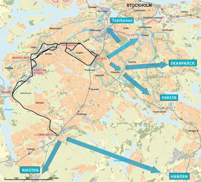 56(112) 5.5.4 Möjliga förlängningar av spårväg Ett antal möjliga framtida förlängningar av spårvägen har diskuterats. Figur 19 Visar möjliga framtida förlängningar av Spårvägen.