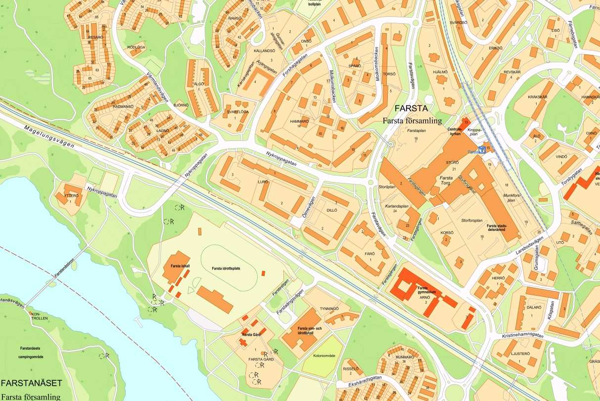 SID 2 (5) beläget utmed Nykroppagatan mellan Forshagagatan i väster och Farstavägen i öster och omfattar cirka 2 hektar. Området (röd oval) intill Farsta centrum.