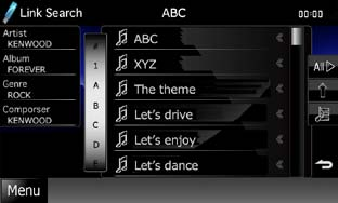 Länksökning (enbart USB-enhet, SDkort och ipod) 1 Tryck på önskat objekt på skärmens vänstra del. Du kan välja mellan artist, album, genre och kompositör.