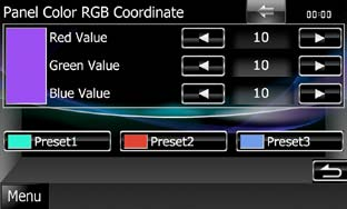 Inställningar Inställningar Registrera en egen färg Du kan registrera en egen färg. 1 Tryck på [Adjust] på skärmen Panel Color Coordinate. Skärmen Panel Color RGB Coordinate visas.