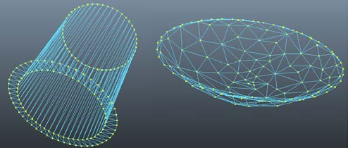 Figur 6: Den scen som tagits fram i Autodesk Maya 2012. Renderingstid: 18 sekunder. Figur 7: De triangulära och polygon-reducerade objekt som användes i Realflow. 2.3.