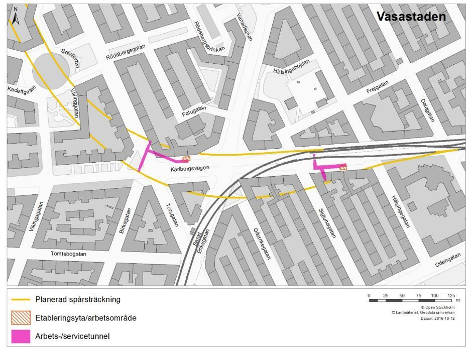 3 Byggandet av stationer och andra ovanmarksanläggningar 3.1 Vasastaden Gula linjens spårtunnlar kommer att ansluta mot Gröna linjen väster om Odenplan.