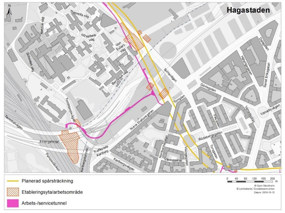 3.2 Hagastaden Vid station Hagastaden kommer det att bedrivas arbete i öppet schakt inom tre områden, se Figur 7.