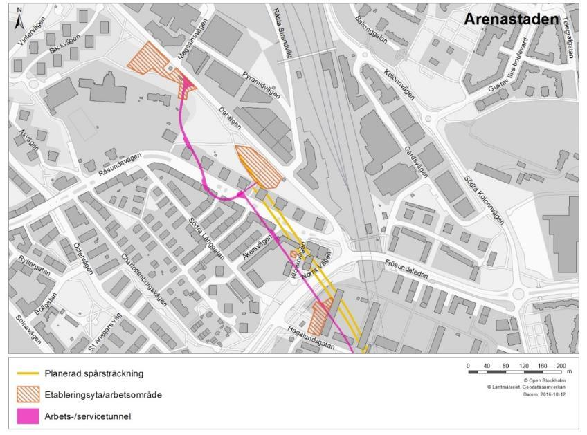 3.4 Arenastaden Vid station Arenastaden kommer det att behövas arbets- och etableringsområden ovan mark, se Figur 11.