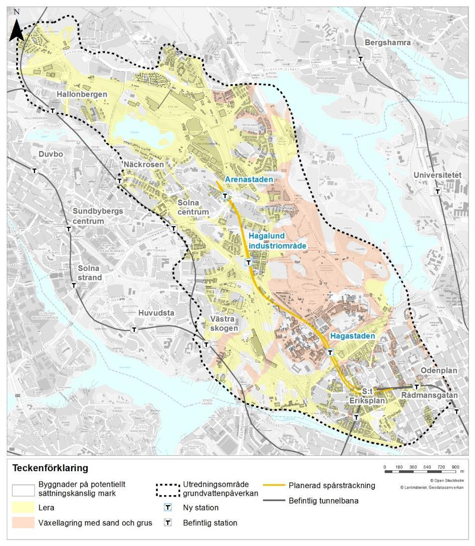 nedan redovisas byggnader i sättningskänsliga områden inom utredningsområdet för vattenverksamhet. Det gula lagret redovisar lera och det röda redovisar växellagring med sand och grus.