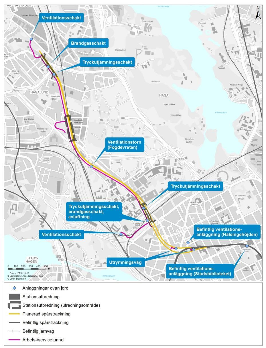 Tunnelbanan är till övervägande del en anläggning under mark. De anläggningar som kommer att byggas ovan mark visas i Figur 4.