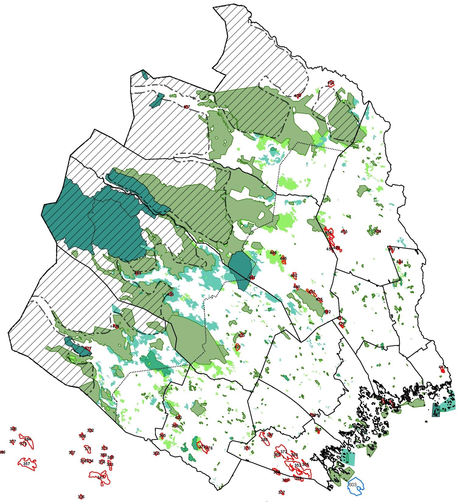 Gröna/grönblå områden = NR resp. NP. Ljusare blågrön = planerade NR, ljusgröna = skogsområden med mycket höga naturvärden (i paritet med NR).