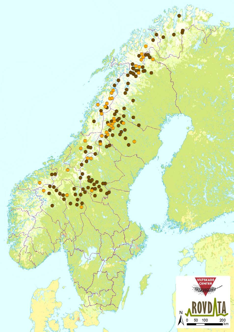 11.2 Bilaga-Vedlegg 2 Karta som visar dokumenterade (bruna) och bedömd som säker (orange) föryngringar av järv i Skandinavien 2014.