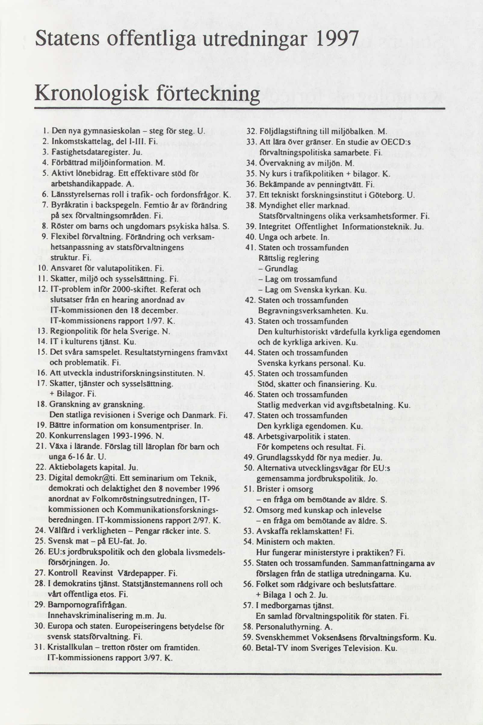 Statens offentliga utredningar 1997 Kronologisk förteckning Dennyag, nasieskolan - stegförsteg. U. 32 Följdlagstiñning till. miljöbalken.m. lnkomstskattelag, dell-lll. Fi. 33.Att läraövergränser.