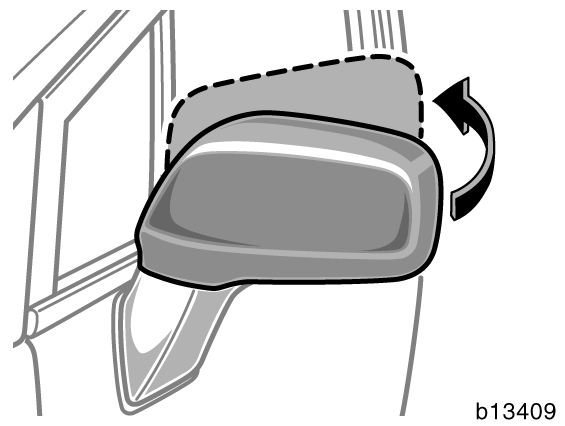 Backspeglarna kan fällas in, t.ex. vid parkering i trånga utrymmen. Tryck för hand och fäll backspegeln bakåt så långt det går. VARNING Kör inte med infällda backspeglar.