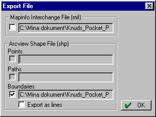 Notera att när man exporterar en loggfil till ArcView Shape-format bildas i praktiken tre nya filer i handdatorn: exportfilnamn.shp, exportfilnamn.dbf och exportfilnamn.