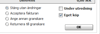 6.4.7 Eget köp Markera Eget köp när det gäller en faktura som avser eget köp. Ett eget köp är om du själv som attestant har deltagit i t ex kurs, konferens eller liknande.