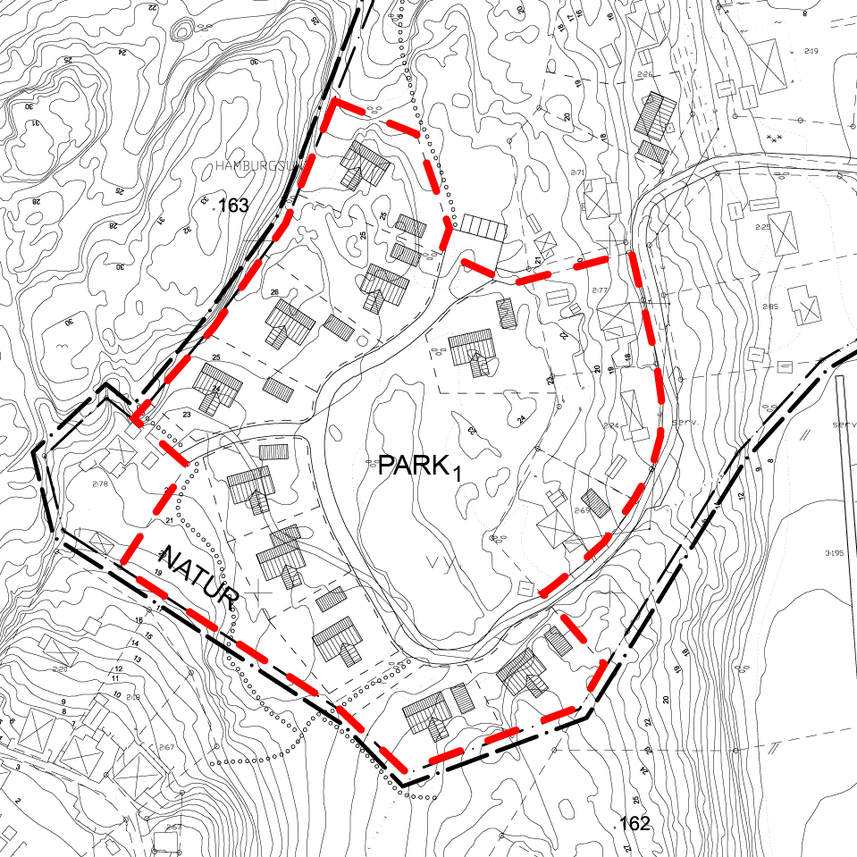 Föreslagen avgränsning av medverkande fastigheter för skötsel av parkområde Naturmarken genomkorsas av gångvägar (GÅNG).