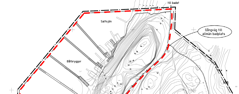 Föreslaget förvaltningsobjekt för Pluret AB. Bryggföreningens båtbrygga ingår inte Strandområdet med tillhörande naturområde och parkeringar kommer att ställas i ordning av exploatören.