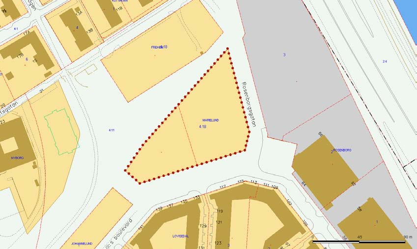 2 (5) Plandata Området är beläget vid Gustav III:s boulevard och Rosenborgsgatan. Det utgörs av fastigheterna Marielund 1 och 2. Planområdet är ca 7400 kvadratmeter stort.