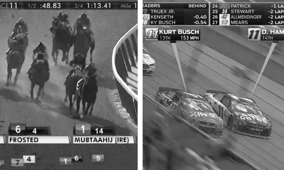 Exempel på sporter som redan använder positioneringsteknik. Amerikansk galopp och Nascar biltävlingar (bildexempel från Youtube).