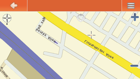 Navigatör Bläddringsläge I bläddringsläge är nedre delen av skärmen orange och norr är uppåt på skärmen. Kartan visar information: 1. Kompassros 2. Namn på aktuell position 3. Aktuell GPS-position 4.