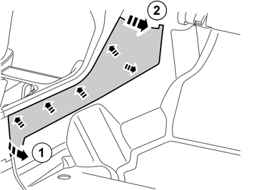 2 Ta bort tunnelkonsolens högra sidopanel genom att försiktigt dra loss den med början i bakkant. Den sitter med fem clips på insidan.