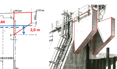 6-2. Figur 2.6-2 Exempel på stödmur för höjning av tätning till motsvarande nivå som tätkärnan för övriga dammen vid anslutning till betongkonstruktion.