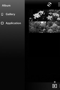 Välja bildlagringsplats När du tittar på bilder i programmets bildlista kan du välja plats där bilderna ska sparas (album) mellan Application (Program), Gallery (Galleri) (eller Camera Roll (Kamera)).