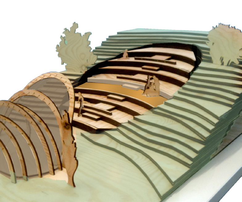 Materialval Scenens balkar är tänkta att vara tillverkade av limträ och invändigt beklädda med träribbor. Stålvajer spänner in bågarna i marken.