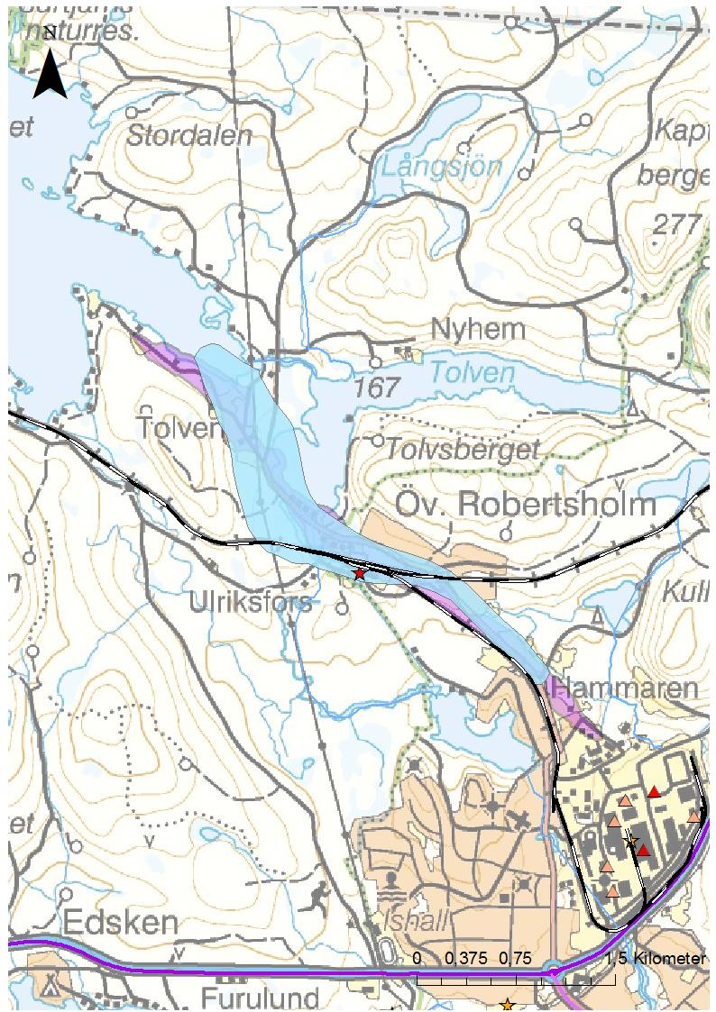 Järnväg Järnväg NV VicNatur Vattenskyddsområde Järnväg - planerad Järnväg - framtida Järnväg med enkelspår Järnväg med dubbelspår Övrig järnväg Järnväg under byggnation G Kyrkor Y Tillsynsobjekt, C,