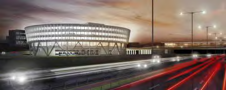 4 GESTALTNINGSPRINCIPER FÖR TYPMILJÖER 4.5 BYGGNADER 4.5.7 Glaspaviljonger 4.5.8 Runda kontorhuset 4.5.9 Runda kontorhuset/underlandet Inglasade paviljonger ska ge ett mjukt varmt ljus till det omgivande torg- och parkrummet.