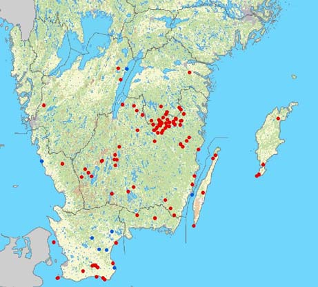 (aktiva) Vinter (hibernerande) S:a Skåne (M) 19 6 25 Blekinge (K) 3-3 Halland (N) 5 1 6 Kronoberg (G) 3-3 Kalmar (H) 39 1 40 Gotland (I) 4-4 Jönköping (F) 20-20 Östergötland (E) 9-9 Västergötland (O)