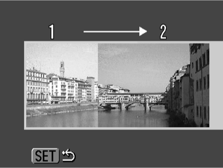 Komponera och ta den andra bilden så att den överlappar med den första. Mindre avvikelser i överlappningen kan korrigeras i programvaran. Du kan ta om en bild.