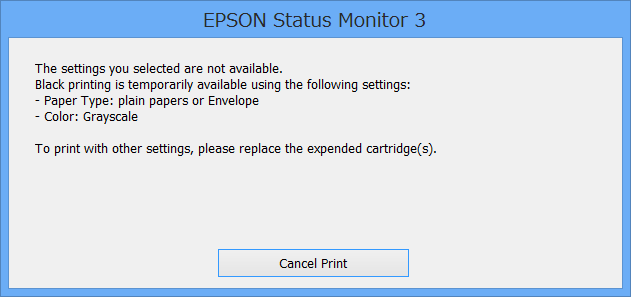 Om EPSON Status Monitor 3 är inaktiverad öppnar du skrivarens drivrutiner och klickar på Utökade inställningar på fliken Underhåll och sedan klickar du på Aktivera EPSON Status