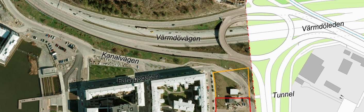 TJÄNSTEUTLÅTANDE SID 4 (8) Förutsättningar Ortofoto (över Stockholm stad) och karta (över Nacka kommun) med planområdets ungefärliga utbredning markerat med röd linje.