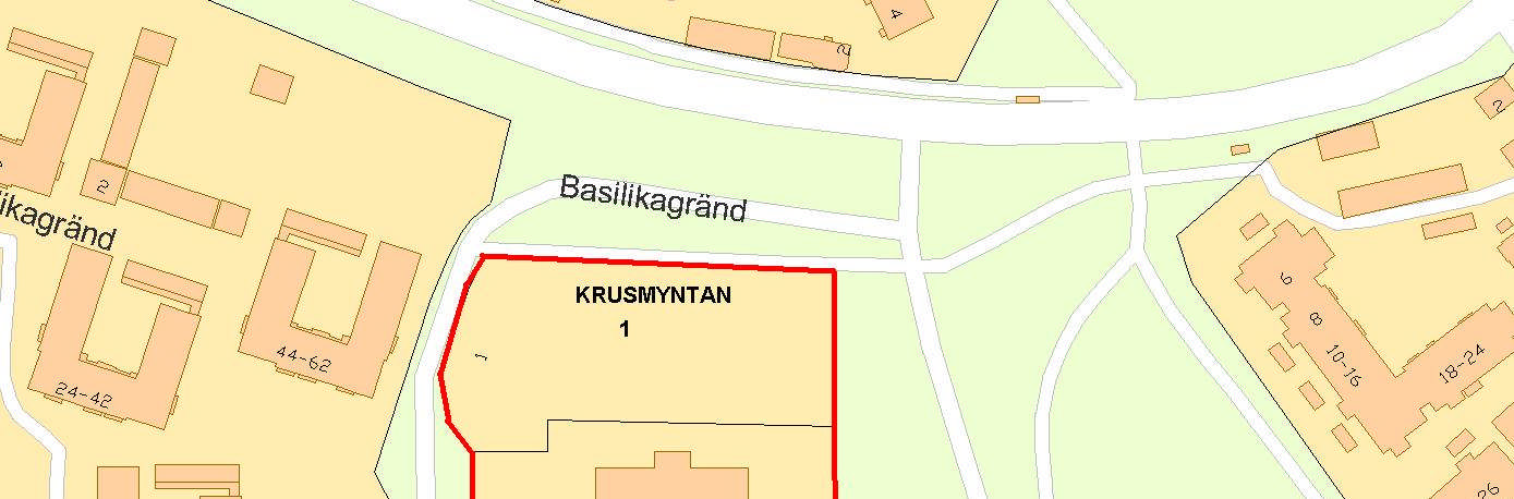 4/16 Planområdet (rött i karta) samt intilliggande fastigheter. Markägoförhållanden Fastigheten Krusmyntan 1 ägs av Tyresö kommun. Krusmyntan 2 ägs av Krusleden Fastighet AB.