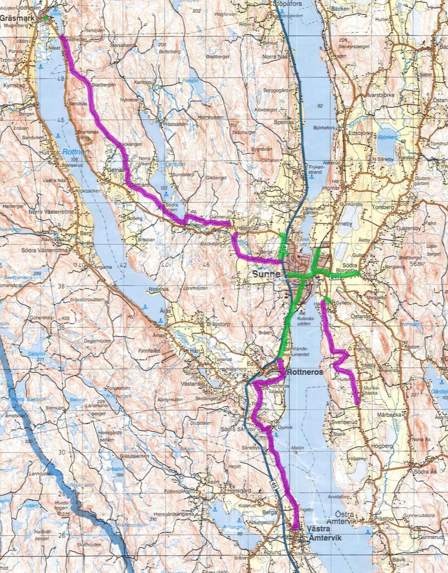 8 (31) Cykelstråk Karta över befintliga gång- och cykelstråk (grönt) och cykelleder (lila). Sunne kommun har pekat ut populära rundturer för cykel.