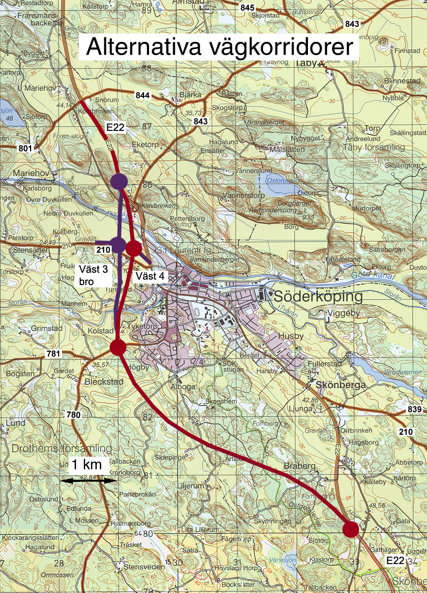 Bild 1: Geografisk avgränsning 1.5 Tidigare utredningar En vägutredning för väg E 66 (= nuvarande väg E 22) utfördes år 1991 där ett antal sträckningar öster om Söderköping studerades.